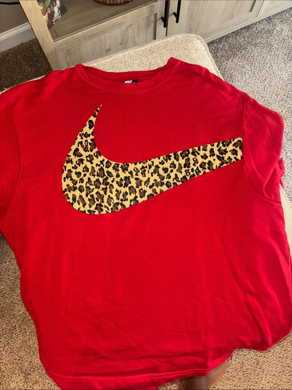 Nike Red Crewneck with Leopard-Print Swoosh - Picture 1 of 4